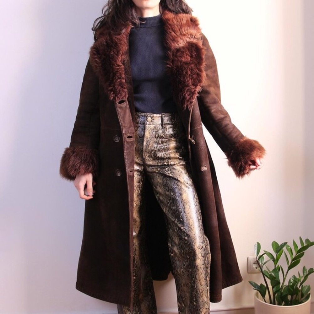 Vintage Chocolate Brown Shearling and Fur Long Penny Lane Coat - Picture 2 of 4